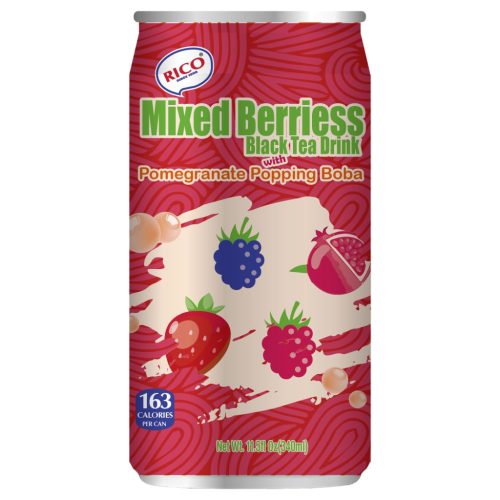 24x340ml RICO Fekete Tea Gránátalma és Bogyósgyümölcs Ízesítéssel, Roppanós Boba Gyöngyökkel